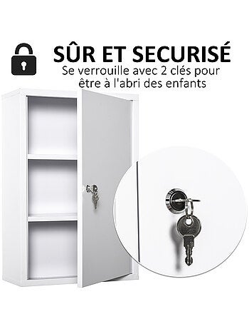 Armoire à pharmacie verrouillable 2 étagères 3 niveaux 2 clés métal blanc