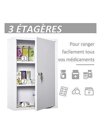Armoire à pharmacie verrouillable 2 étagères 3 niveaux 2 clés métal blanc