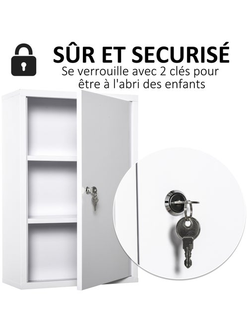Armoire à pharmacie verrouillable 2 étagères 3 niveaux 2 clés métal blanc - Kiabi