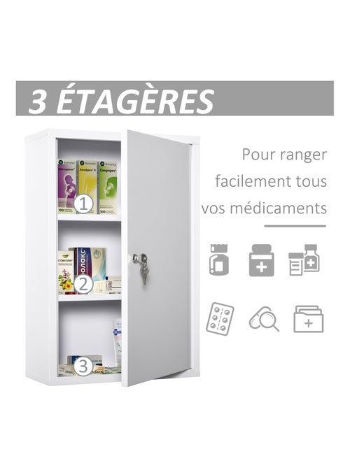 Armoire à pharmacie verrouillable 2 étagères 3 niveaux 2 clés métal blanc - Kiabi