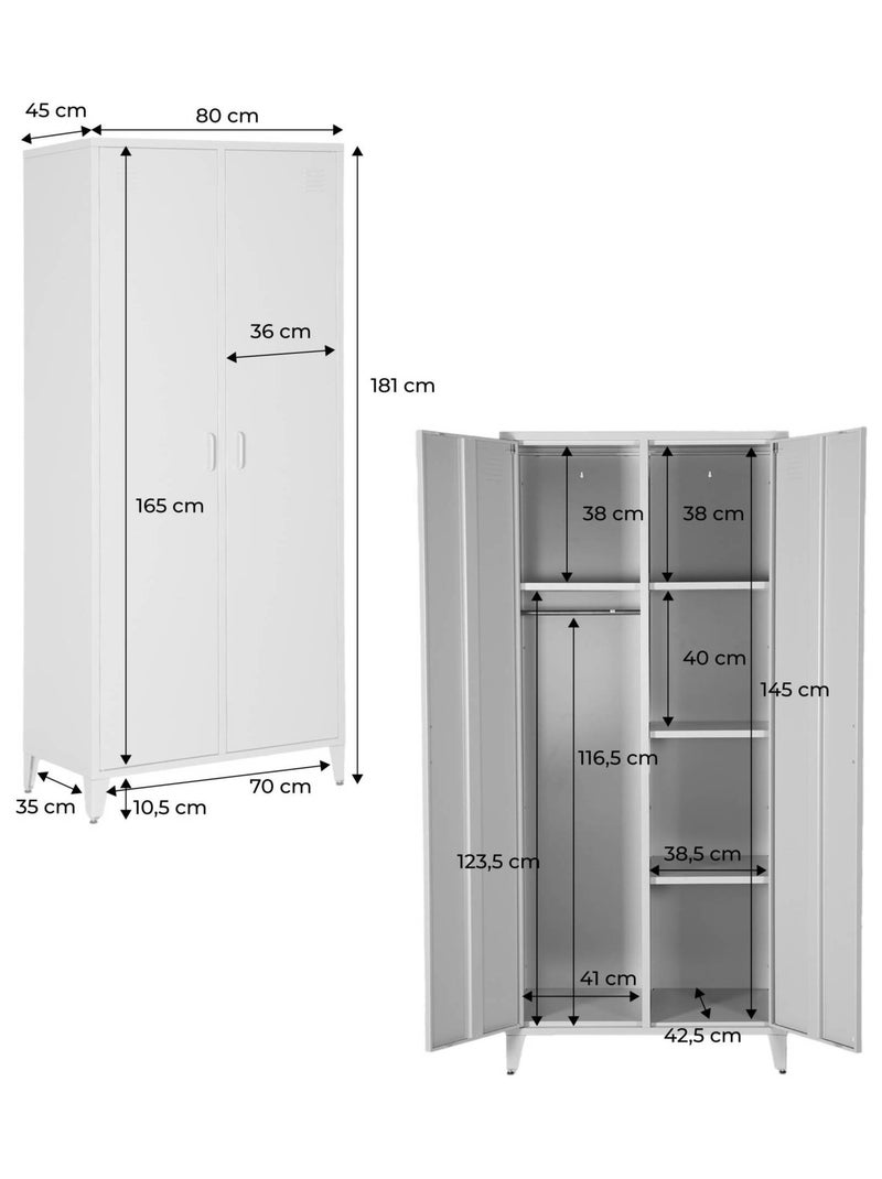 Armoire chambre dressing industriel métal 2 portes, 4 étagères, 1 penderie  Soho Kaki - Kiabi