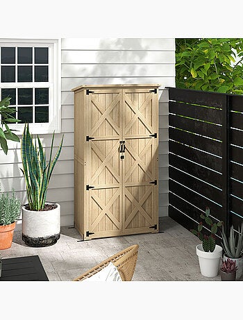 Armoire de jardin 2 portes croisillons 2 étagères bois pré-huilé