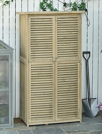 Armoire de jardin portes persiennes 2 étagères bois pin