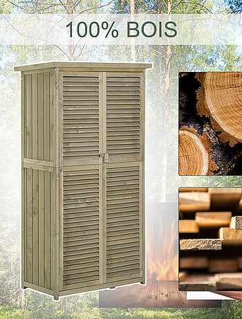 Armoire de jardin portes persiennes 2 étagères bois pin