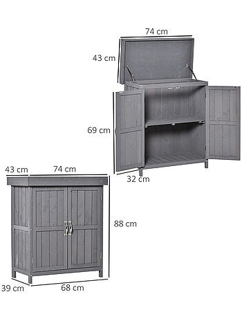 Armoire de jardin sur pied 2 portes étagère toit bitumé relevable