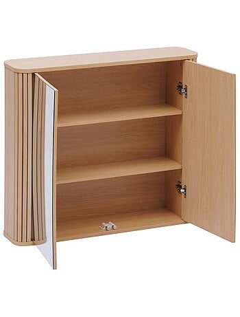 Armoire de salle de bain 2 portes avec miroir effet bois clair LIORA - Beige