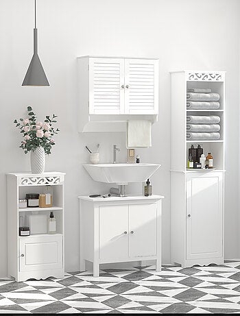 Armoire haute murale 2 portes persiennes avec étagère blanc