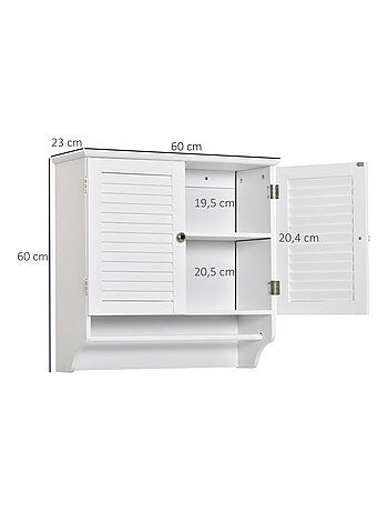 Armoire haute murale 2 portes persiennes avec étagère blanc