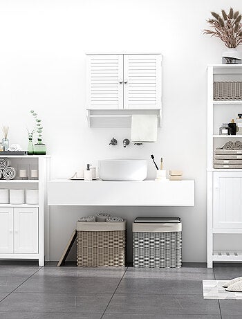 Armoire haute murale 2 portes persiennes avec étagère blanc