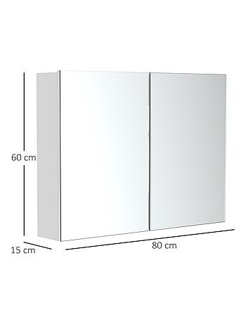 Armoire miroir de salle de bain 2 portes et étagères MDF blanc