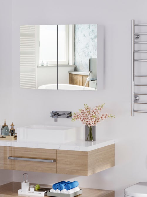 Armoire miroir de salle de bain 2 portes et étagères MDF blanc - Kiabi