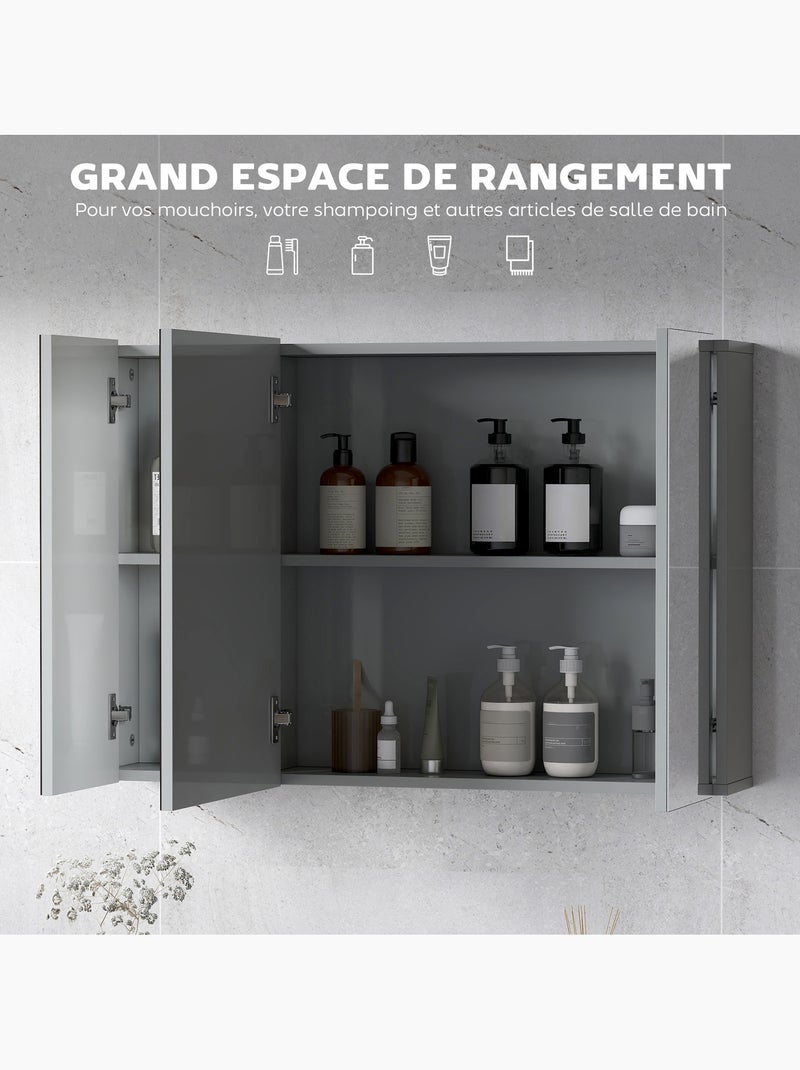 Armoire miroir de salle de bain 3 portes 2 étagères blanc Gris - Kiabi