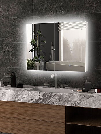 Armoire miroir LED de salle de bain - 2 portes, 2 étagères - blanc laqué