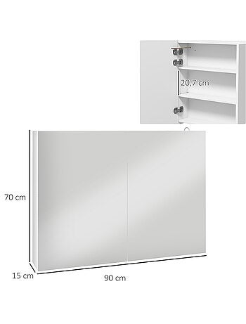 Armoire miroir LED de salle de bain - 2 portes, 2 étagères - blanc laqué