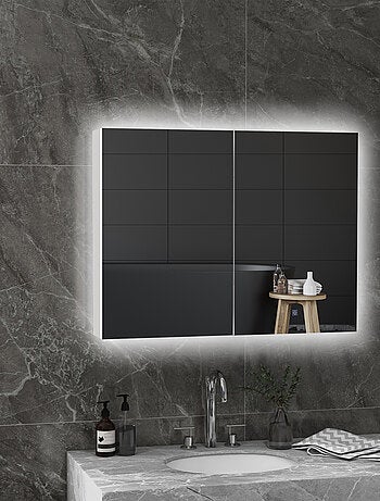 Armoire miroir LED de salle de bain - 2 portes, 2 étagères - blanc laqué