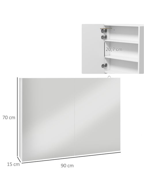 Armoire miroir LED de salle de bain - 2 portes, 2 étagères - blanc laqué - Kiabi
