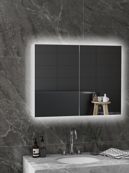 Armoire miroir LED de salle de bain - 2 portes, 2 étagères - blanc laqué - Kiabi