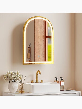 Armoire miroir led salle de bain design arche alu brossé doré
