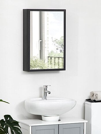 Armoire miroir murale salle de bain 2 étagères noir