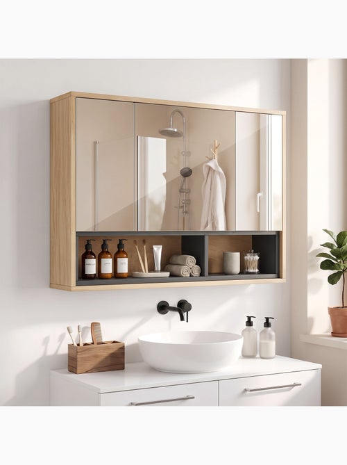 Armoire miroir salle de bain - 3 portes, 3 étagères, 2 niches - Kiabi Armoire miroir salle de bain - 3 portes, 3 étagères, 2 niches - Kiabi
