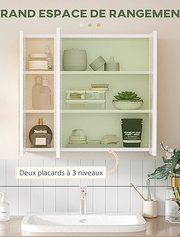 Armoire miroir salle de bain 3 portes 4 étagères réglables blanc