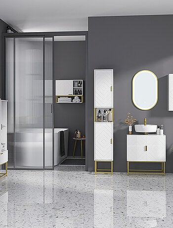 Armoire murale de salle de bain acier doré MDF blanc