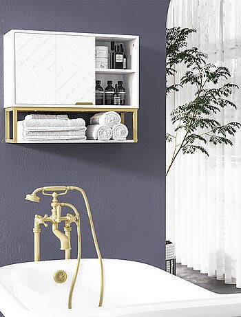 Armoire murale de salle de bain acier doré MDF blanc