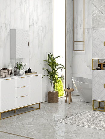 Armoire murale de salle de bain poignée métal doré MDF blanc