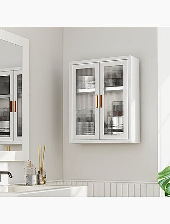 Armoire murale métal étagère 2 portes acrylique cannelé blanc doré