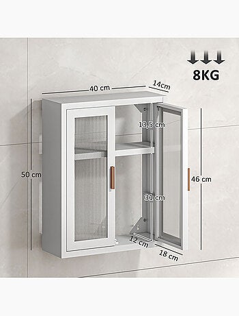 Armoire murale métal étagère 2 portes acrylique cannelé blanc doré
