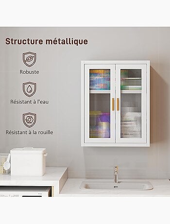 Armoire murale métal étagère 2 portes acrylique cannelé blanc doré
