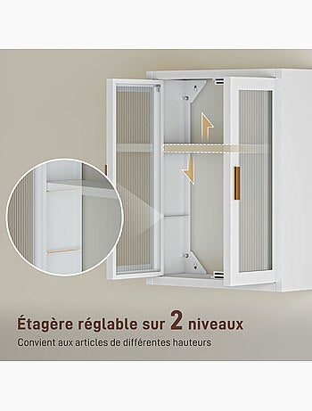 Armoire murale métal étagère 2 portes acrylique cannelé blanc doré