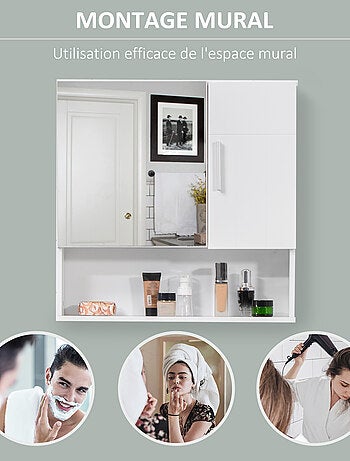 Armoire murale miroir de salle de bain 2 portes, étagères, niche blanc