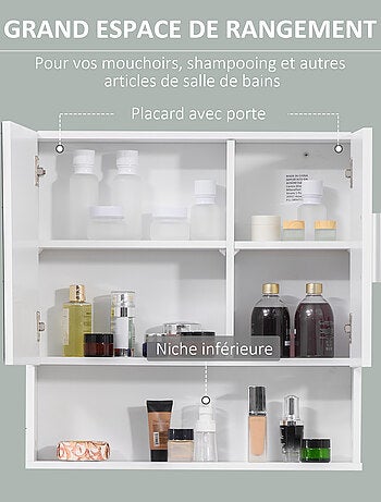 Armoire murale miroir de salle de bain 2 portes, étagères, niche blanc