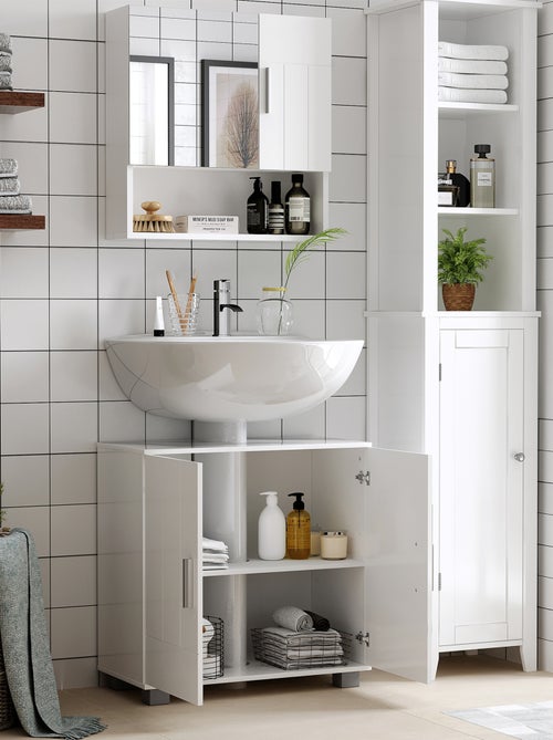 Armoire murale miroir de salle de bain 2 portes, étagères, niche blanc - Kiabi Armoire murale miroir de salle de bain 2 portes, étagères, niche blanc - Kiabi