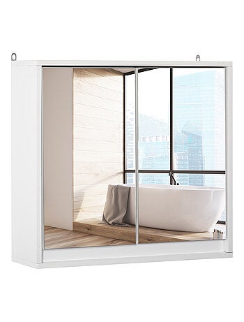 Armoire murale miroir salle de bain 2 étagères MDF blanc