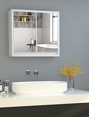 Armoire murale miroir salle de bain 2 étagères MDF blanc