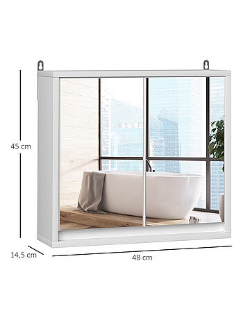 Armoire murale miroir salle de bain 2 étagères MDF blanc