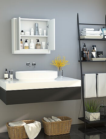 Armoire murale miroir salle de bain 2 étagères MDF blanc