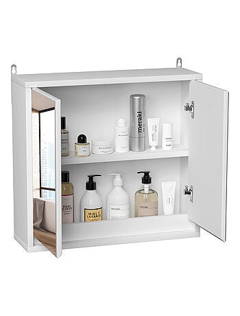 Armoire murale miroir salle de bain 2 étagères MDF blanc