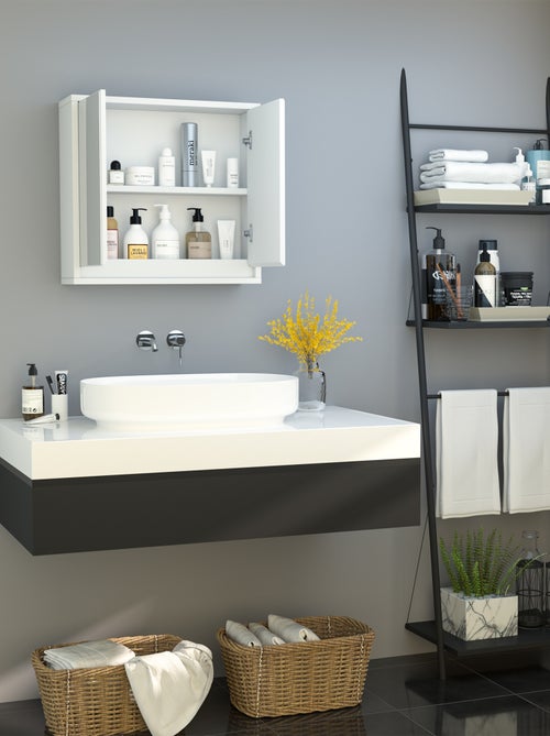 Armoire murale miroir salle de bain 2 étagères MDF blanc - Kiabi