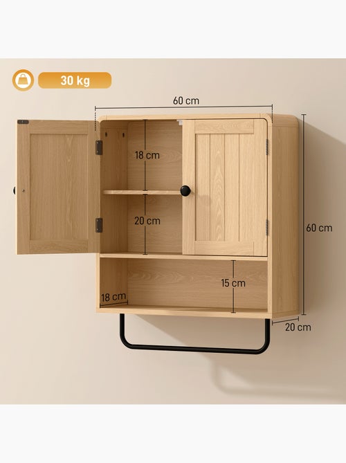 Armoire murale salle de bain 2 portes effet bois clair métal noir - Kiabi