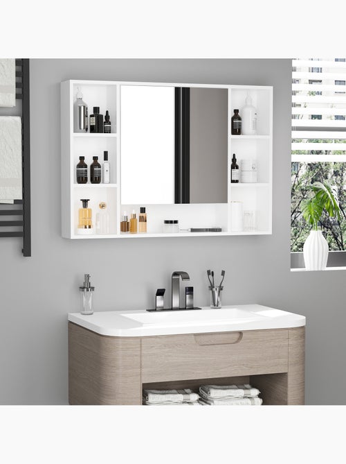 Armoire murale salle de bain avec miroir - 7 niches, étagère - mdf blanc - Kiabi