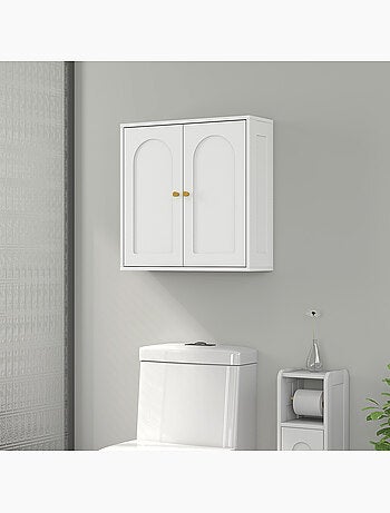 Armoire murale salle de bain design - 2 portes, étagère - blanc doré