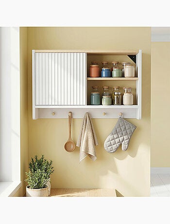 Armoire murale salle de bain rangement porte crochets bois blanc chêne