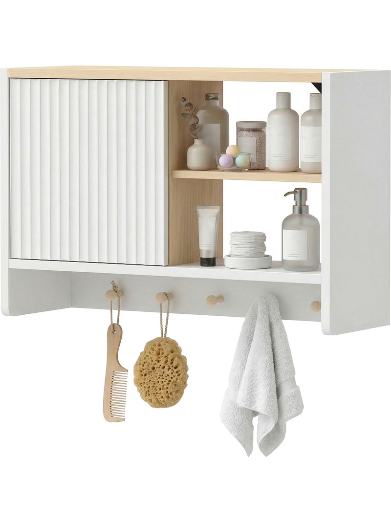 Armoire murale salle de bain rangement porte crochets bois blanc chêne Blanc Blanc - Kiabi