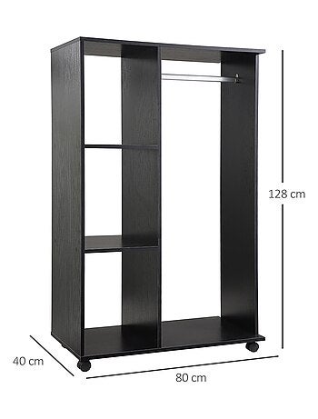 Armoire penderie de rangement sur roulettes 2 étagères noir