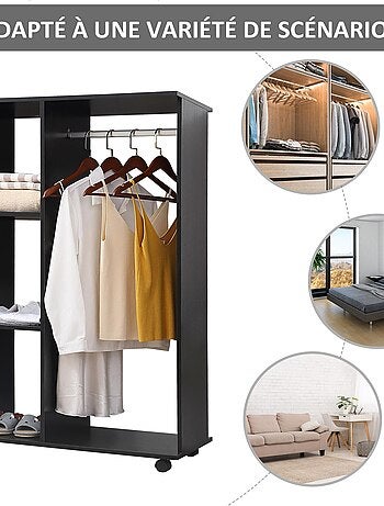 Armoire penderie de rangement sur roulettes 2 étagères noir