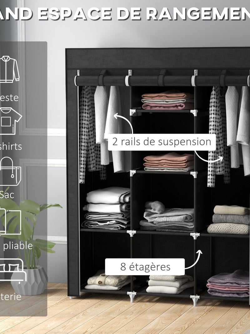 Armoire penderie multi-rangement - 8 étagères, 2 barres - non tissé Noir - Kiabi