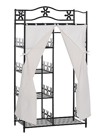 Armoire penderie multi-rangement 5 étagères métal noir 2 rideaux blanc